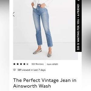 NWT Madewell the Perfect Vintage Jean in Ainsworth Wash Size 30